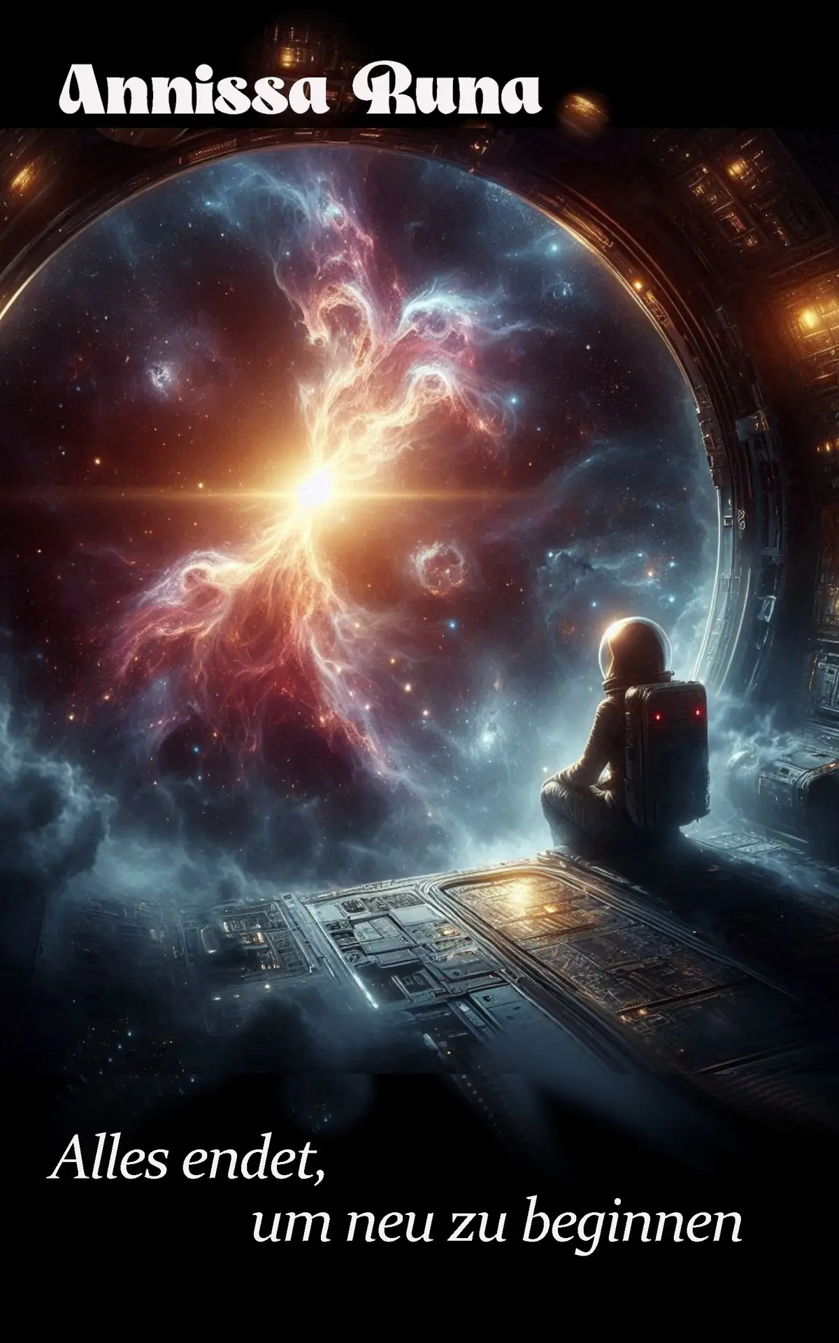 Astronautin vor Himmelsphänomen, Cover zur Kurzgeschichte "Alles endet, um neu zu beginnen"