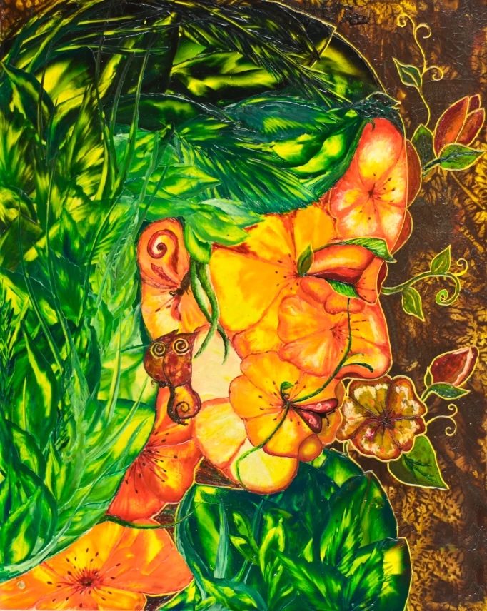 Selbstportrait versteckt in Blüten und Blättern, Encaustic, grün-orange-braun Töne