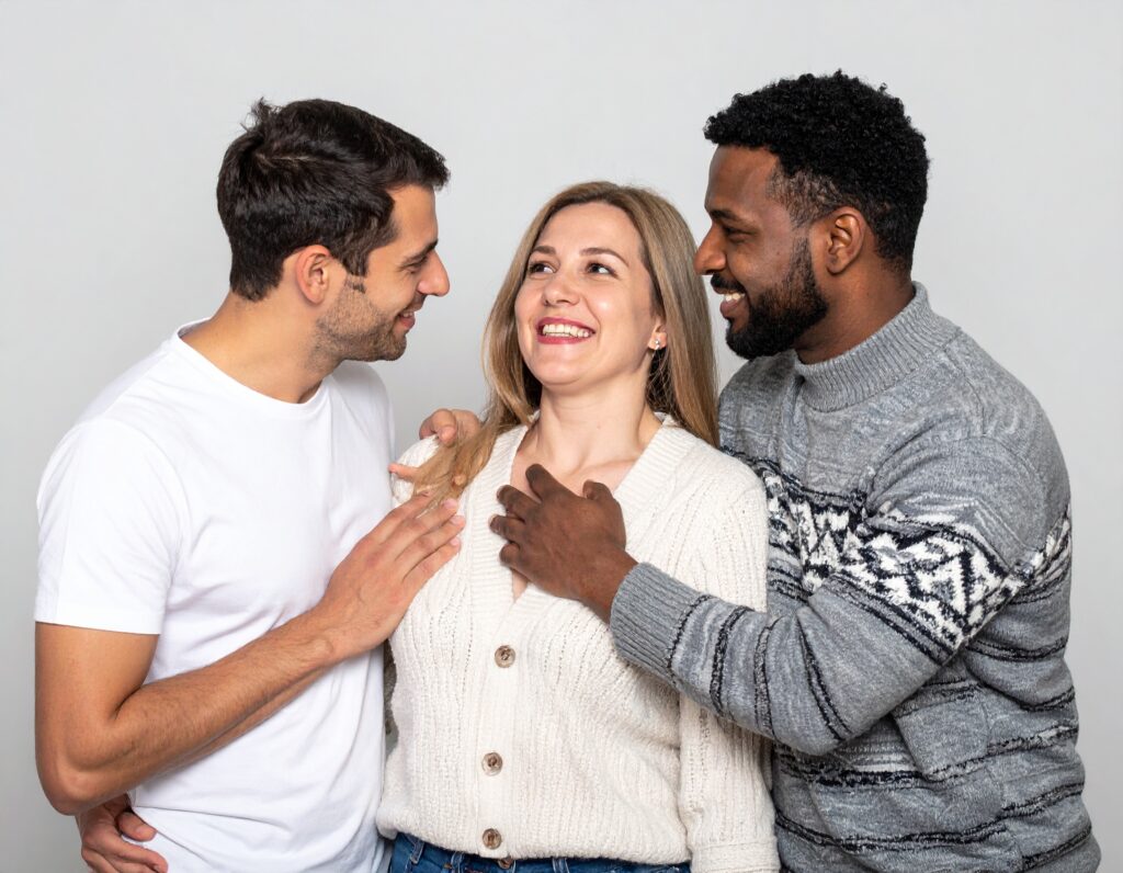 3 glückliche Menschen in polyamorer Liebesbeziehung