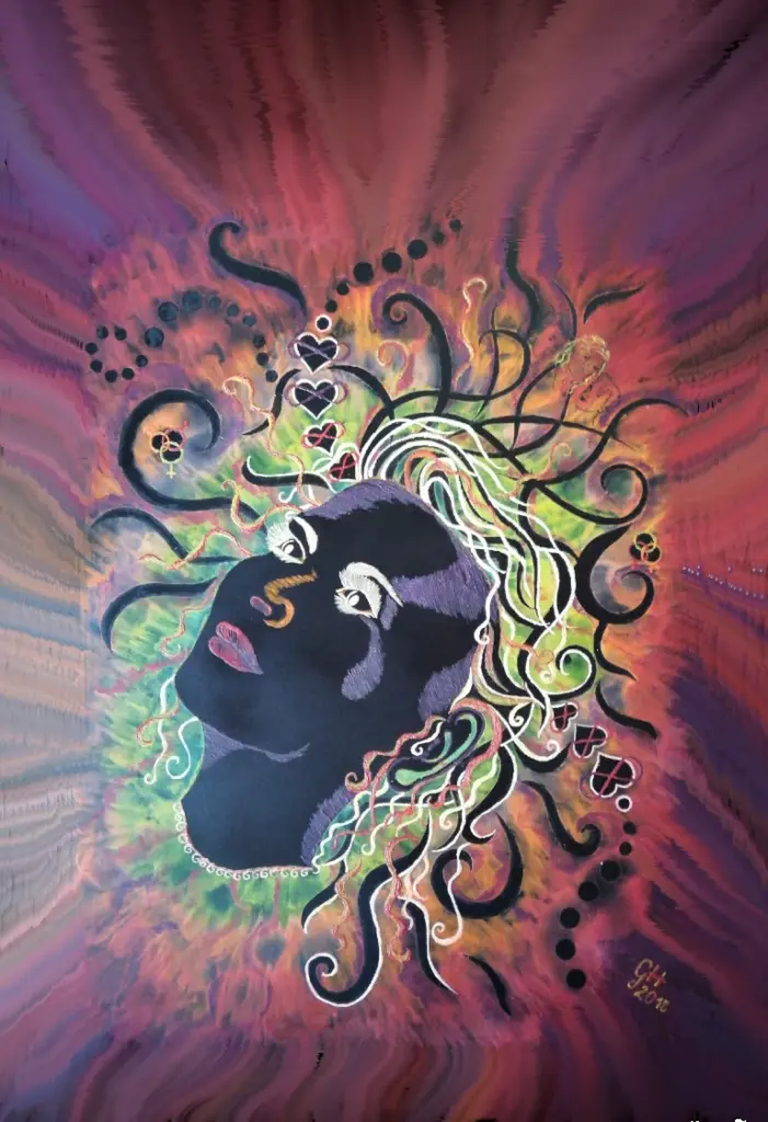Enkaustik-Painting auf schwarzer Platte, weiblicher Kopf mit polyamoren Symbolen