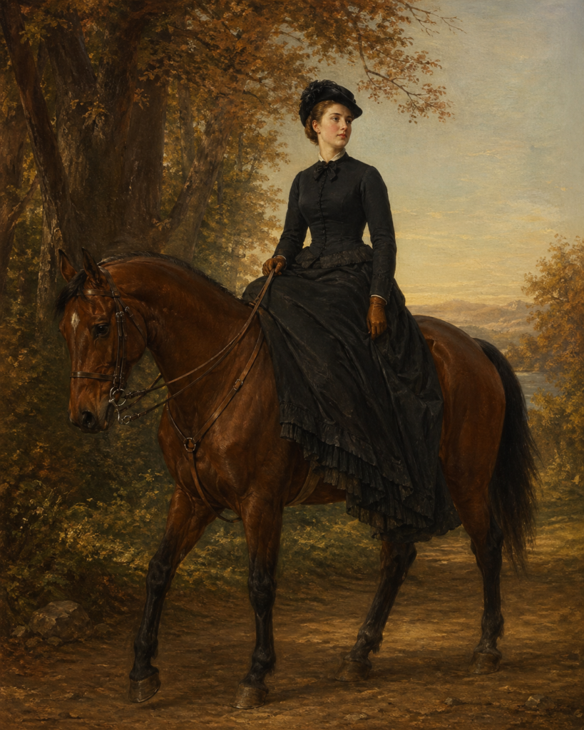 Frau reitet im 19. Jahrhundert im Damensitz auf einem Pferd durch eine herbstliche Landschaft in historischer Kleidung