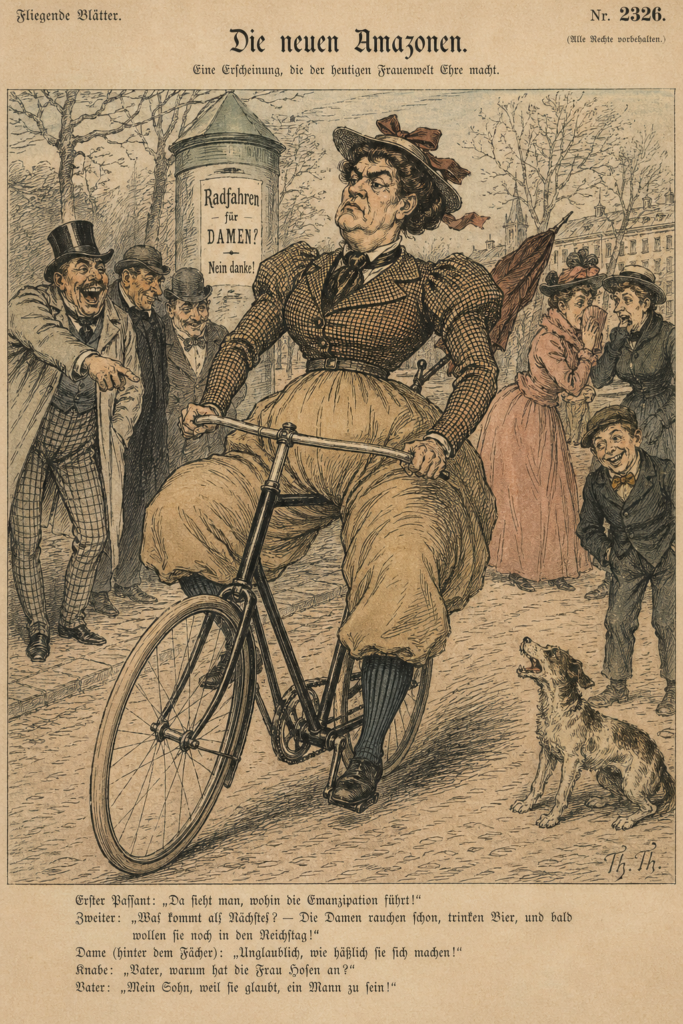 Karikatur aus dem 19. Jahrhundert zeigt eine Frau auf einem Fahrrad in auffälliger Kleidung, während umstehende Personen sie kritisch und spöttisch betrachten