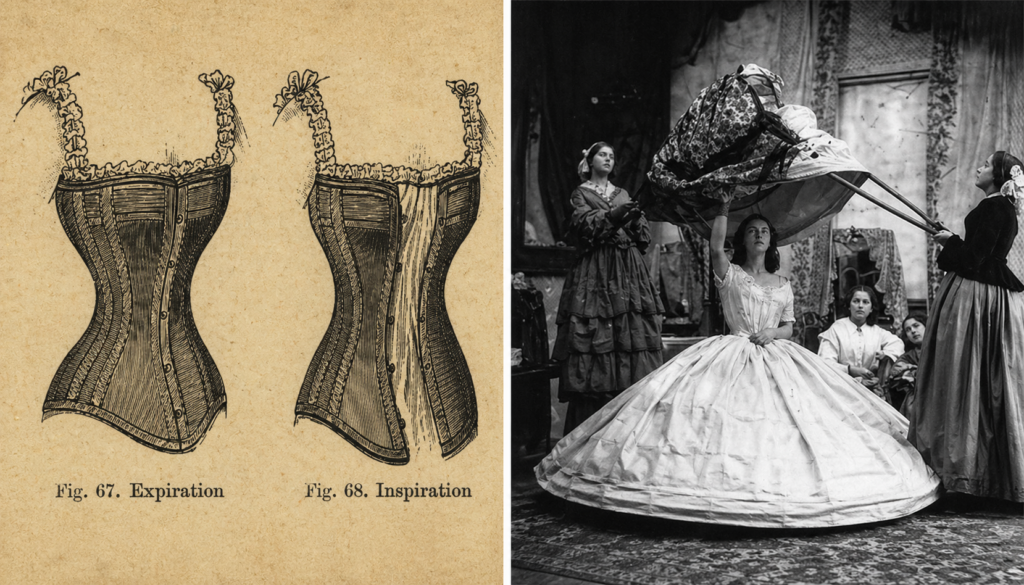 Historische Darstellung eines Korsetts, was die körperliche Bewegungsfreiheit von Frauen einschränkte, sowie Szene, in der Frauen ein aufwendiges Kleid anlegen und formen