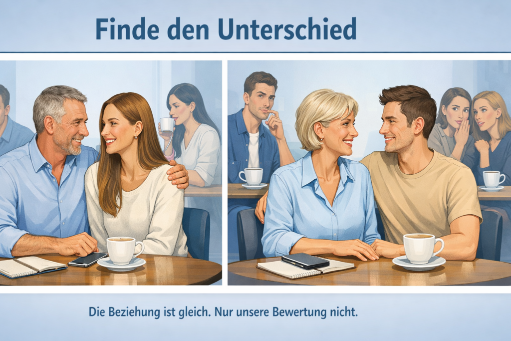 Zwei Paare im Café: links älterer Mann mit jüngerer Frau, rechts ältere Frau mit jüngerem Mann, unterschiedliche Reaktionen der Umgebung