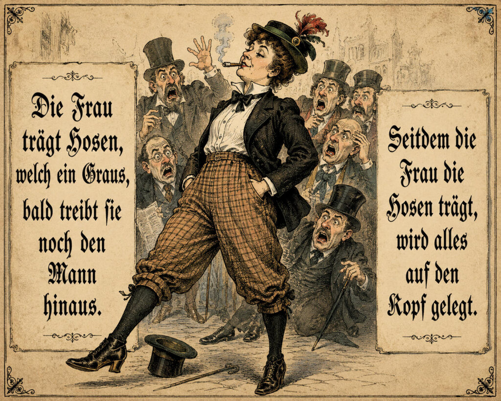 Satirische historische Karikatur über Frauen in Hosen mit empörten Männern im Hintergrund und spöttischen Reimen in altdeutscher Schrift.
