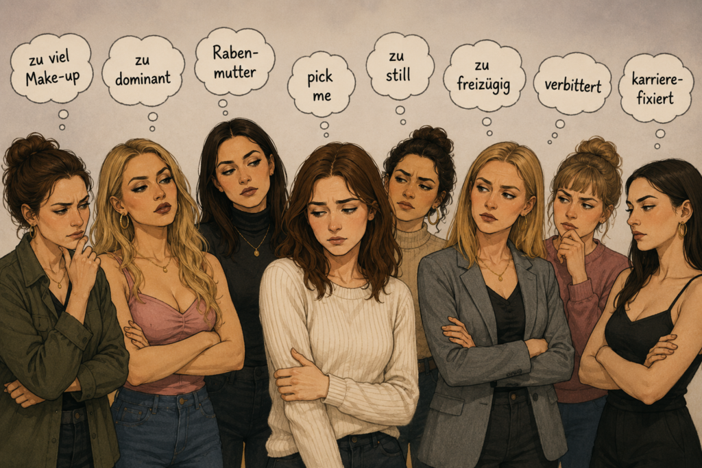 Mehrere Frauen stehen nebeneinander und mustern sich gegenseitig kritisch. Über ihren Köpfen schweben Gedankenblasen mit Bewertungen wie „zu viel Make-up“, „zu dominant“, „Rabenmutter“, „pick me“, „zu still“, „zu freizügig“, „verbittert“ und „karrierefixiert“.