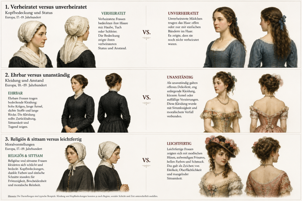 Historische Darstellung von Kleidervorschriften für Frauen in Europa mit Vergleich von verheiratet und unverheiratet, ehrbar und unanständig sowie religiös-sittsam und leichtfertig.