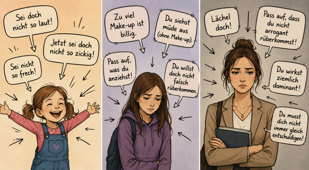Dreiteilige Karikatur über internalisierten Sexismus: Links ein fröhliches kleines Mädchen, auf das Sätze wie „Sei nicht so laut!“ und „Sei nicht so frech!“ einprasseln. In der Mitte ein schüchternes jugendliches Mädchen mit Kommentaren zu Aussehen und Kleidung wie „Zu viel Make-up ist billig“ oder „Pass auf, was du anziehst!“. Rechts eine ernste junge Frau im Berufsleben, umgeben von Aussagen wie „Lächel doch!“ und „Pass auf, dass du nicht arrogant rüberkommst!“. Die Sprüche kommen in allen drei Bildern von allen Seiten auf die Figuren zu.
