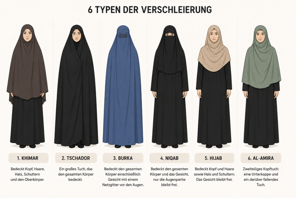 Schematische Darstellung verschiedener Kleidervorschriften für Frauen mit Khimar, Tschador, Burka, Niqab, Hijab und Al-Amira im direkten Vergleich.