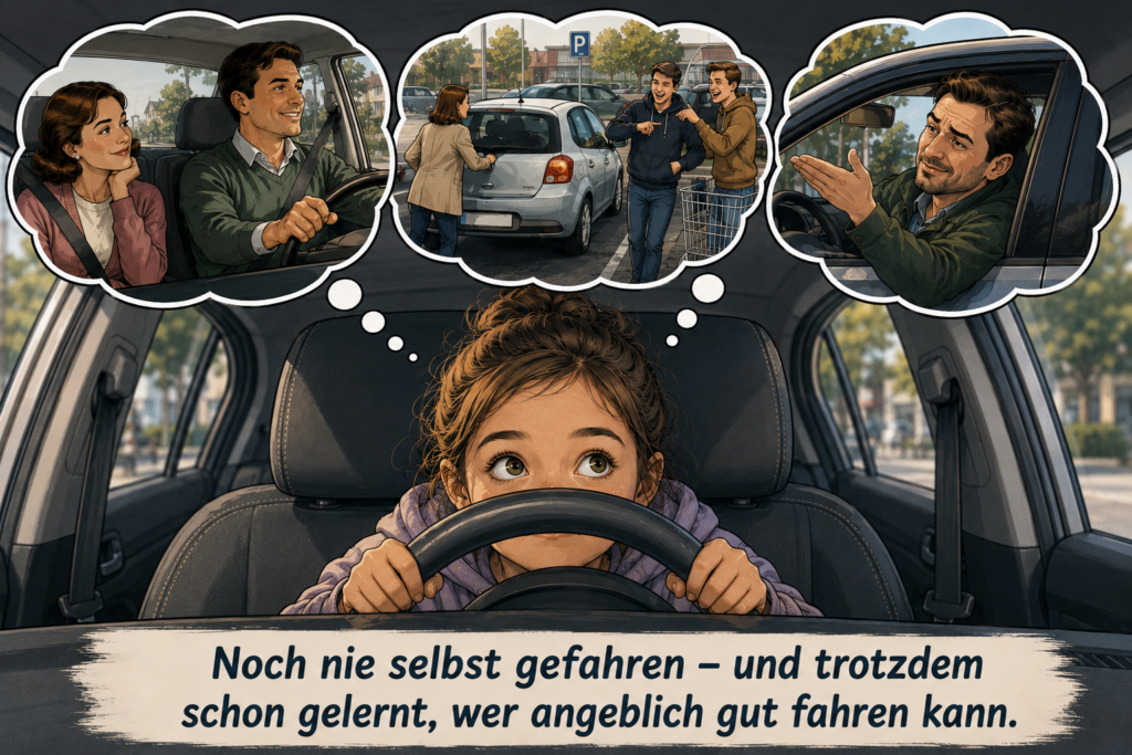 Junges Mädchen schaut neugierig über ein Autolenkrad und denkt in drei Bildern darüber nach, wie Geschlechterklischees über Frauen und Männer am Steuer vermittelt werden.