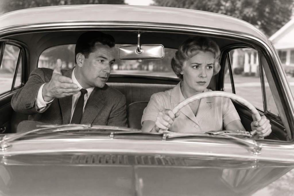 Angespannte Frau am Steuer eines Autos der 1950er-Jahre, während ein Mann auf dem Beifahrersitz ihr gestikulierend Anweisungen gibt.