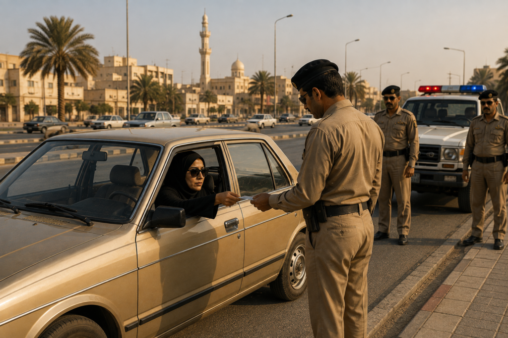 Saudi-arabische Frau am Steuer bei einer nachgestellten Polizeikontrolle während der Protestfahrt in Riad 1990
