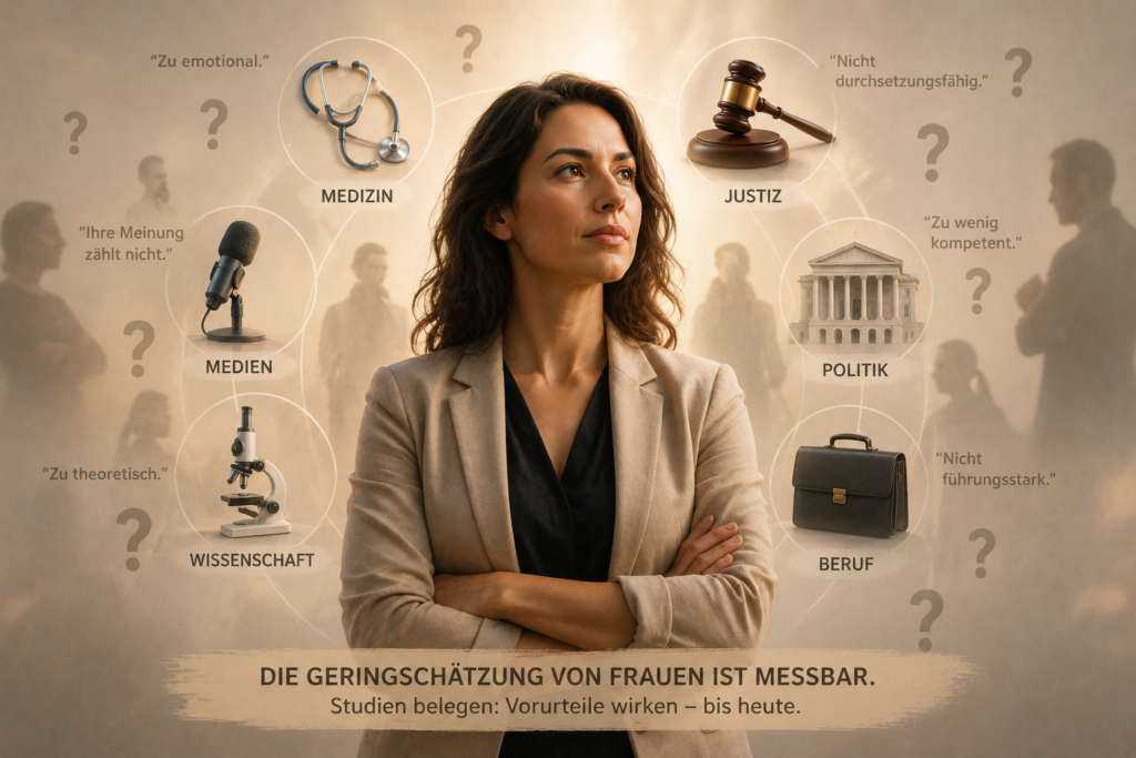 Selbstbewusste Frau im Mittelpunkt, umgeben von Symbolen für Medizin, Beruf, Wissenschaft, Politik, Medien und Justiz – Sinnbild für die messbare Geringschätzung von Frauen.