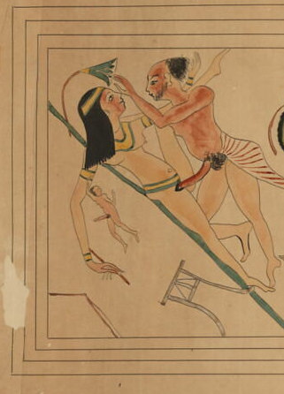 Historische Kopie des Turiner erotischen Papyrus mit einer Frau und einem Mann in einer expliziten sexuellen Szene