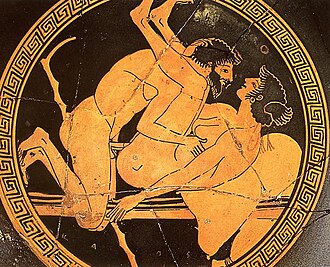 Sexuelle Szene auf einer griechischen Trinkschale des Triptolemos-Malers, um 470 v. Chr.