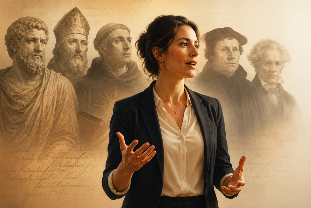 Selbstbewusste Frau im Vordergrund vor den Silhouetten bedeutender Philosophen und Theologen – Symbol für den bis heute nachwirkenden Einfluss historischer Frauenbilder.