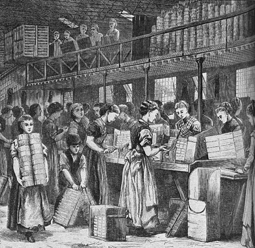 Frauen bei der Arbeit in einer Londoner Streichholzfabrik im Jahr 1871 während der Industrialisierung
