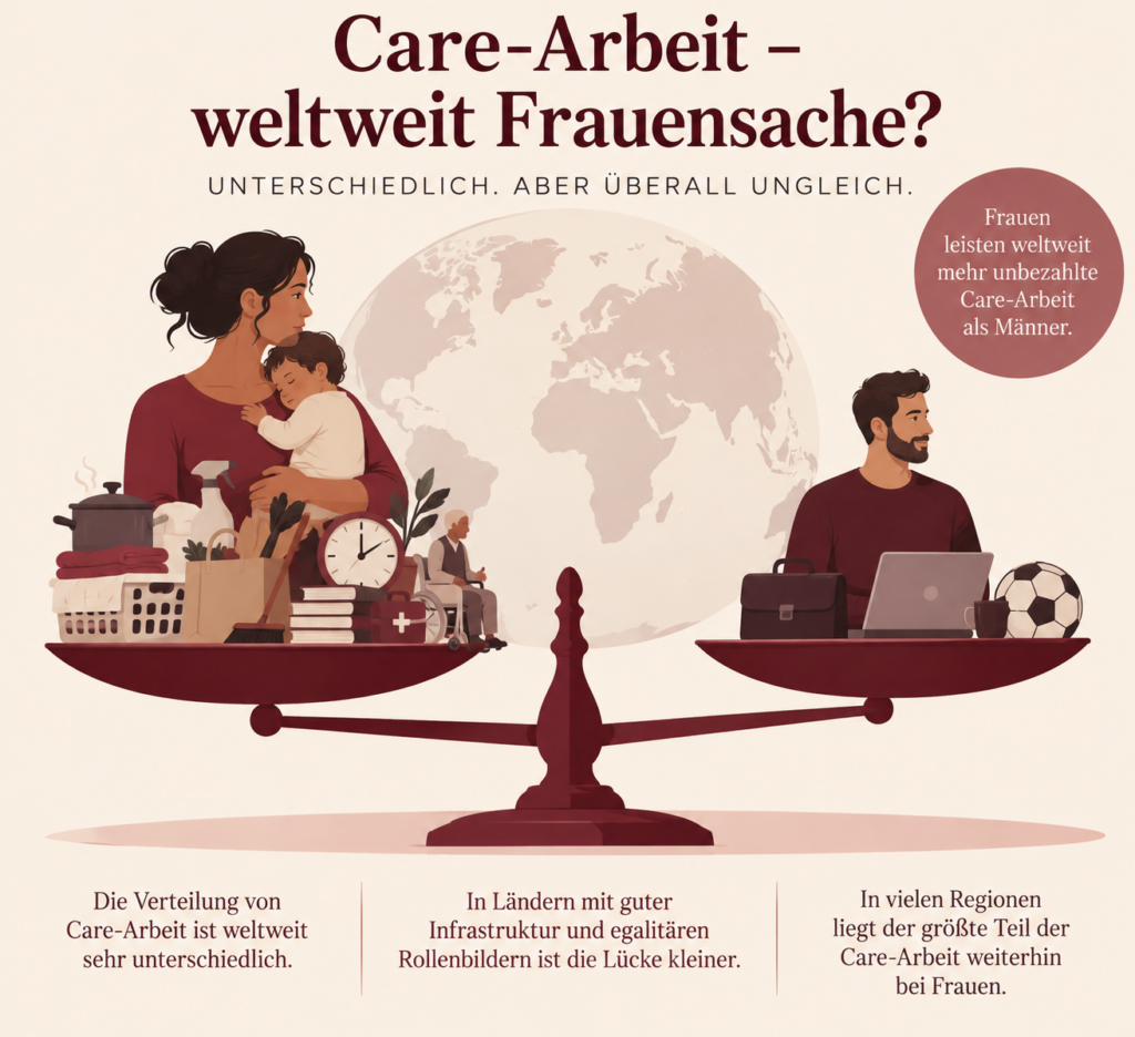 Care-Arbeit von Frauen weltweit: Eine Waage zeigt die ungleiche Verteilung unbezahlter Sorgearbeit zwischen Frauen und Männern.