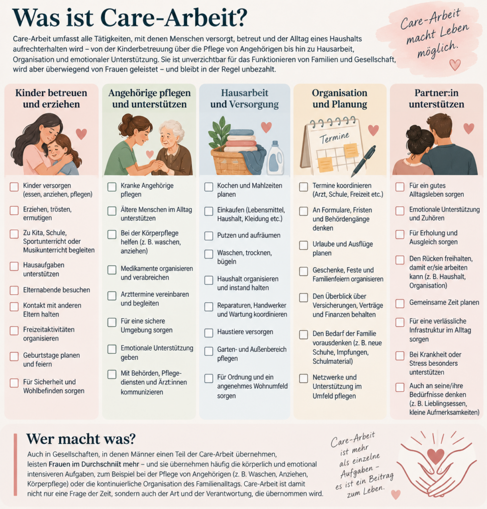 Care-Arbeit von Frauen – Beispiele für Kinderbetreuung, Pflege, Hausarbeit, Versorgung und Unterstützung des Partners