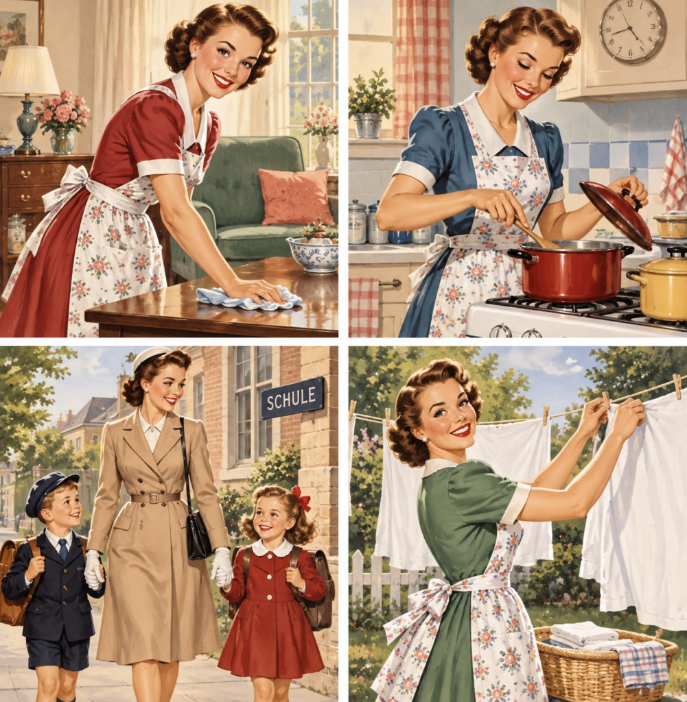 Care-Arbeit von Frauen im Hausfrauenideal der 1950er-Jahre: Eine Frau putzt, kocht, begleitet ihre Kinder zur Schule und hängt Wäsche auf.